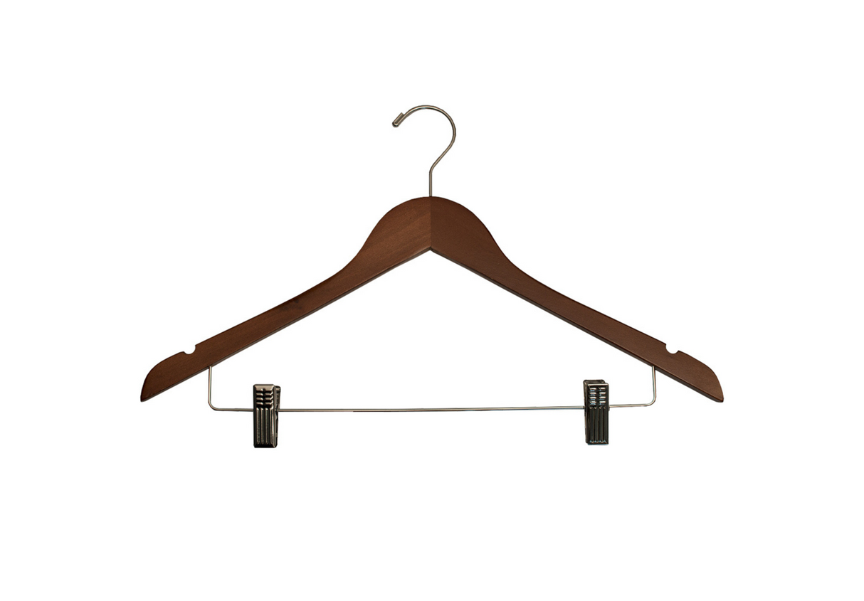 Hotel dark wood hanger with clips 