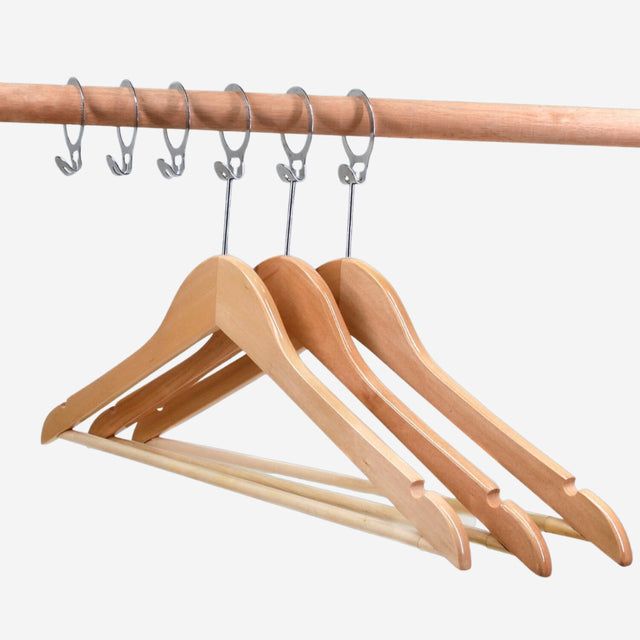 Hotel wood hanger on a rack with anti-theft rings